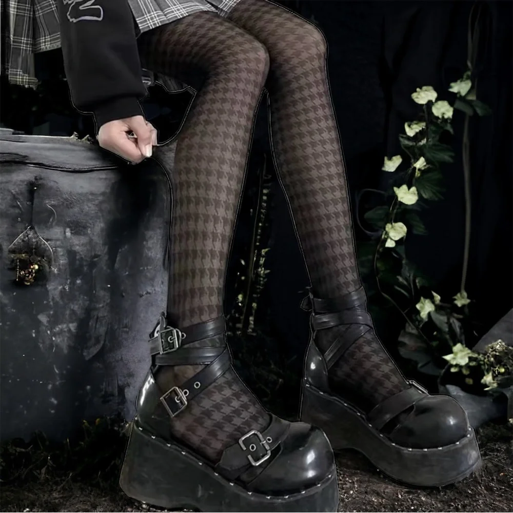 Houndstooth Black Pantyhose, High Waist Elastic‎ Footed Pantyhose One Size
